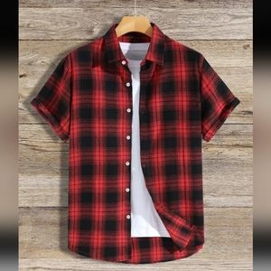 Men's Red and Black Plaid Button-Up Shirt - Short Sleeve - Like New - Size XL